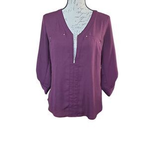 Fortune & Ivy Women's Size Small Burgundy Silver 1/4 Zip Mixed Material Blouse